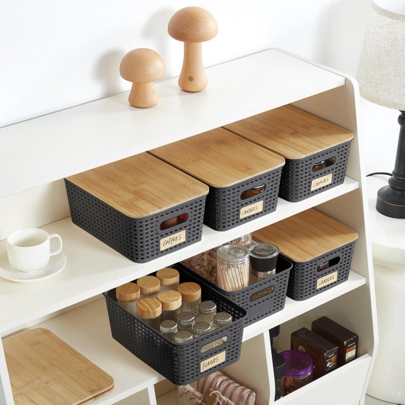 Bagnizer Plastic Storage Bins with Bamboo Lids Stackable Box Basket Pantry Decorative Containers Cute with Lable for Organizing Desktop Closet Office Gray of 6 packs 10 * 7.2 * 4.1' - Image 5